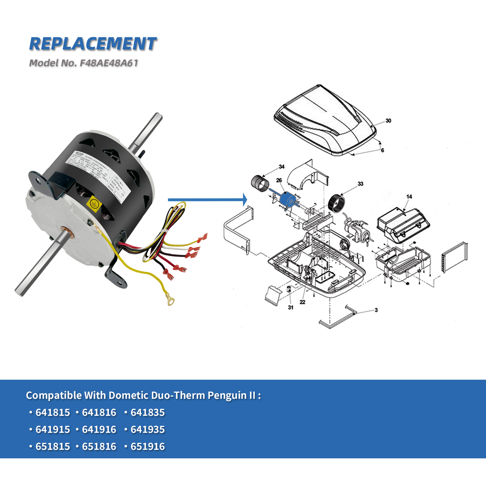 RV Air Conditioner Fan Motor F48AE48A61 RV AC Fan Motor - Replacement For  Dometic Duo-Therm Penguin II Units Dometic Duo-Therm Penguin II Motor